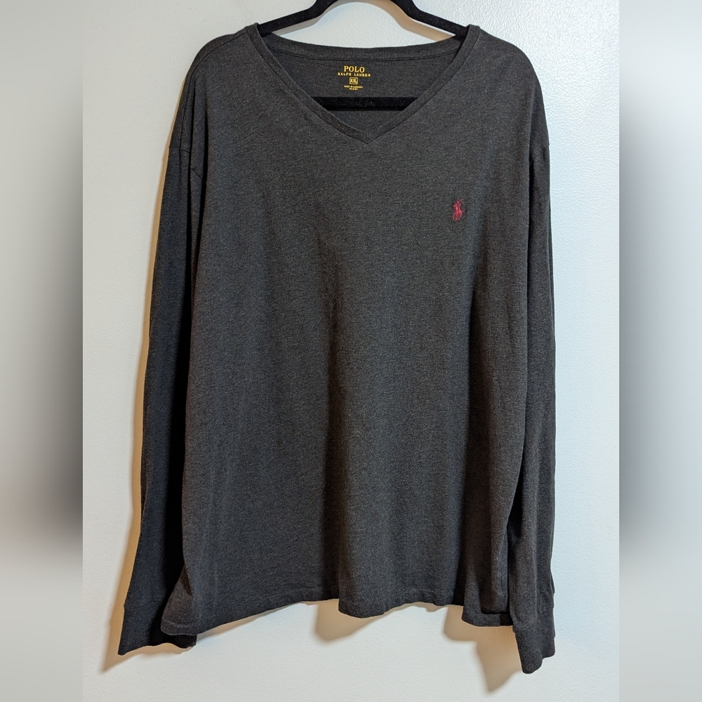 Polo Ralph Lauren 100% Cotton Gray Long Sleeve V‎ Neck T Shirt Size XXL